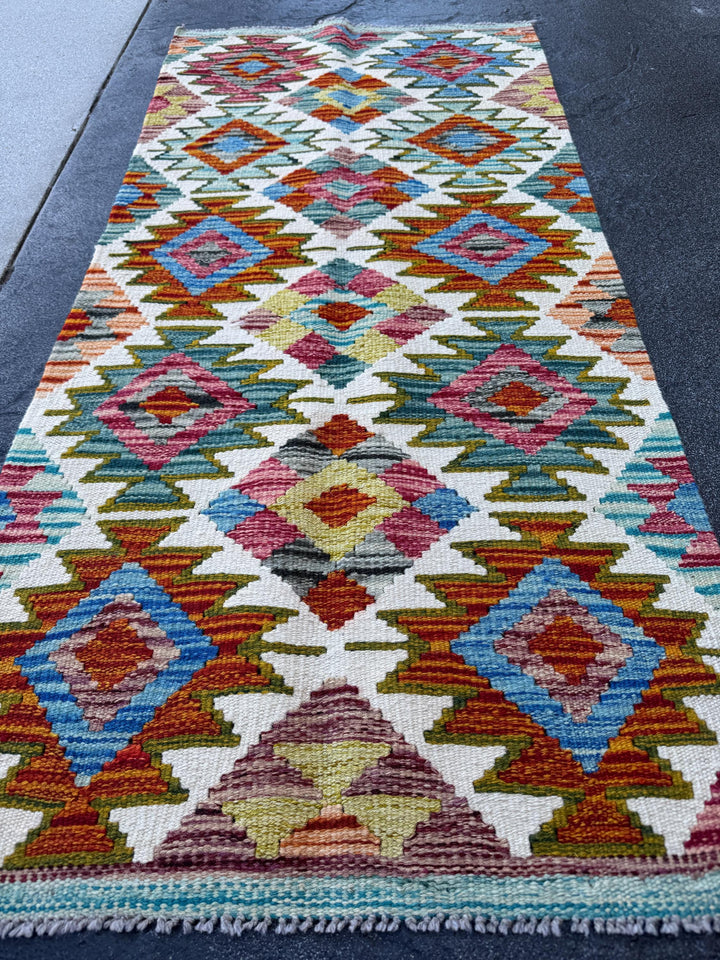 2x5 Handmade Afghan Kilim Runner Rug | Cream White Rust Red Burnt Orange Mustard Yellow Olive Green Teal Aqua Blue Pink Maroon Grey | Wool