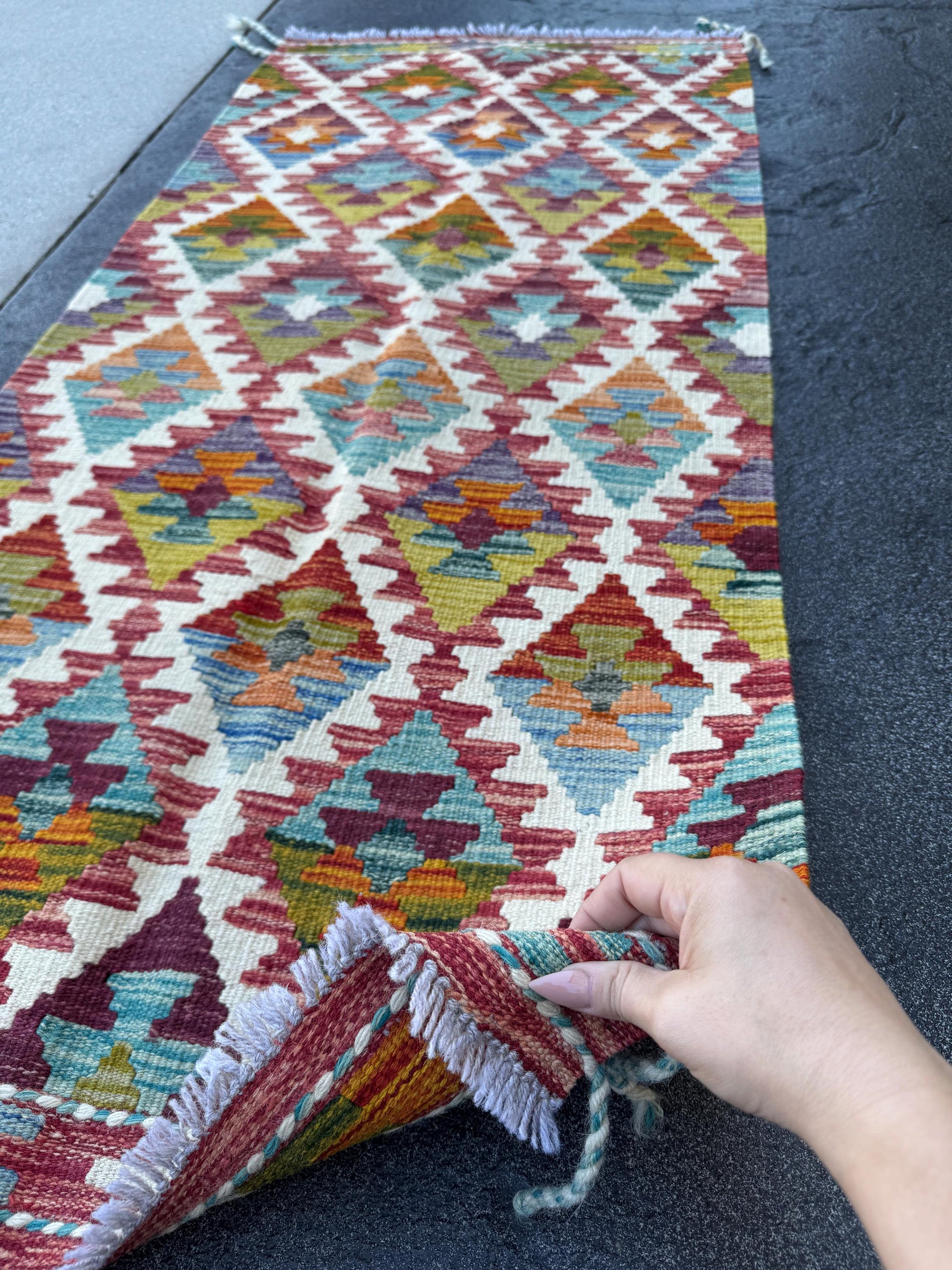 2x5 Handmade Afghan Kilim Runner Rug | Maroon Rust Red Burnt Orange Mustard Yellow Olive Green Teal Aqua Blue Cream White Purple Grey | Wool