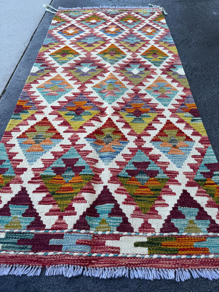 2x5 Handmade Afghan Kilim Runner Rug | Maroon Rust Red Burnt Orange Mustard Yellow Olive Green Teal Aqua Blue Cream White Purple Grey | Wool
