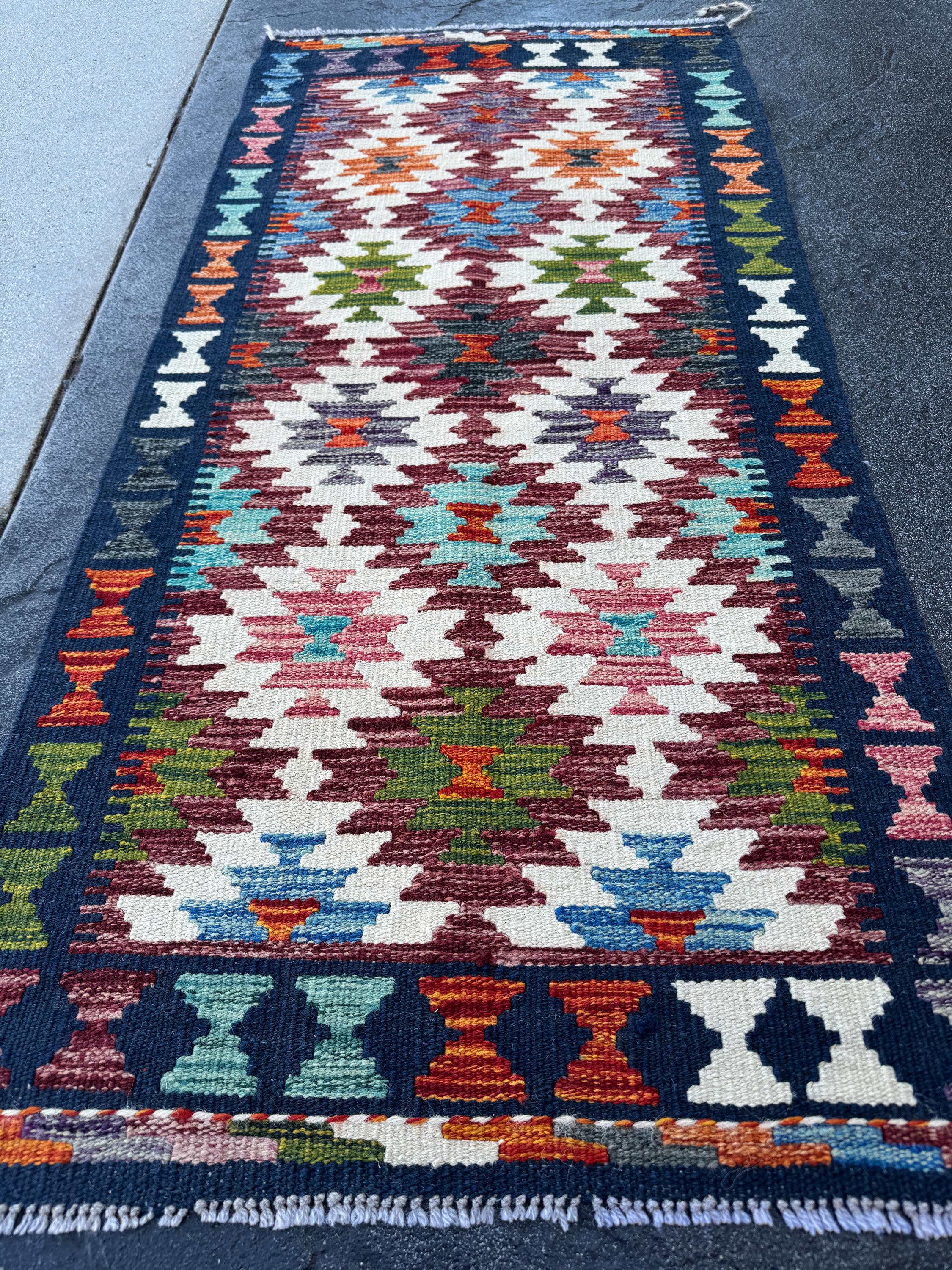 2x5 Handmade Afghan Kilim Runner Rug | Maroon Cream White Rust Red Burnt Orange Olive Green Teal Aqua Blue Navy Mustard Yellow Grey | Wool