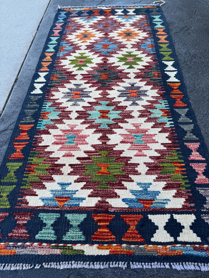 2x5 Handmade Afghan Kilim Runner Rug | Maroon Cream White Rust Red Burnt Orange Olive Green Teal Aqua Blue Navy Mustard Yellow Grey | Wool