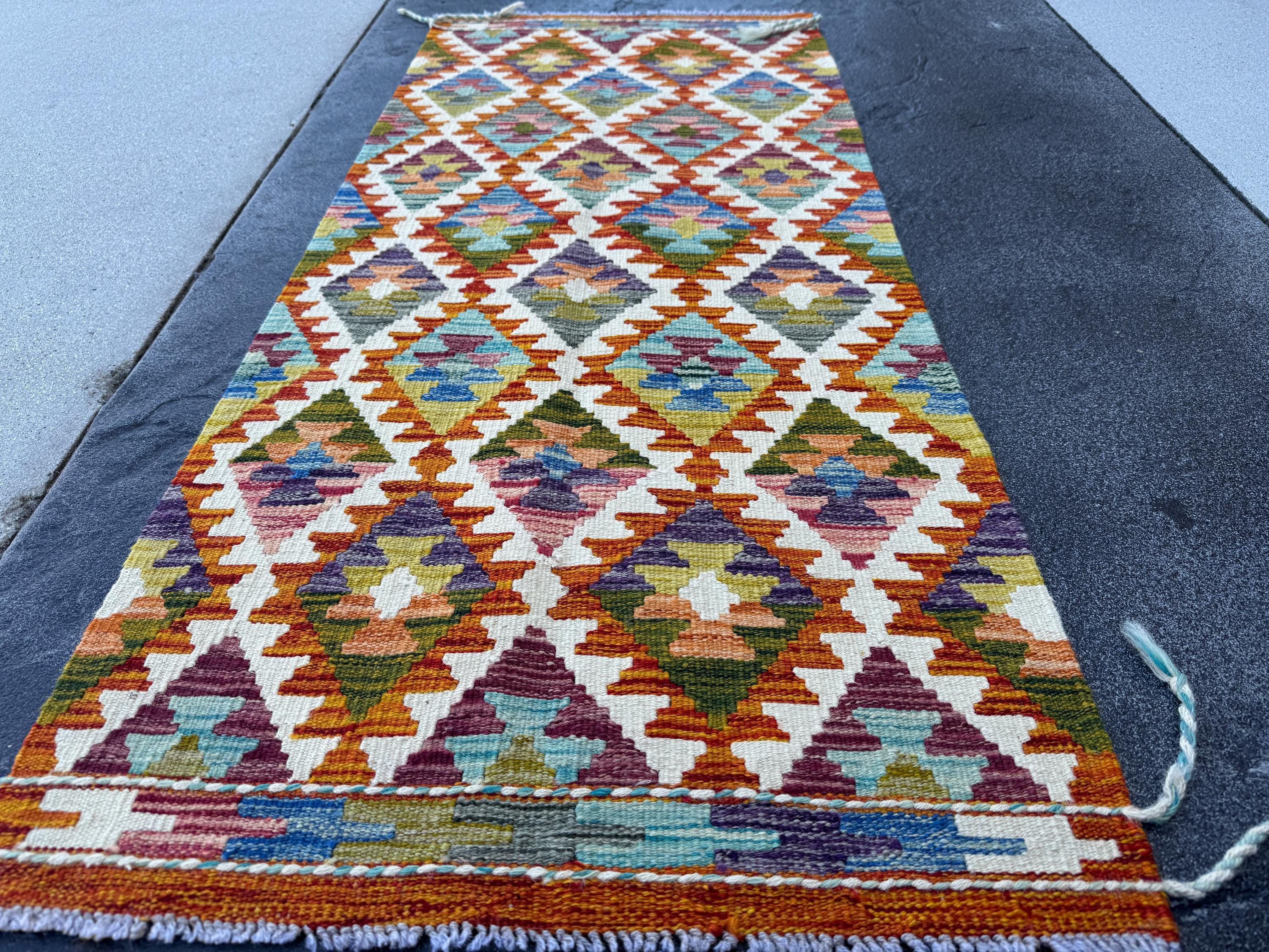 2x5 Handmade Afghan Kilim Runner Rug | Burnt Orange Rust Red Cream White Mustard Yellow Olive Green Teal Aqua Blue Purple Maroon Grey | Wool