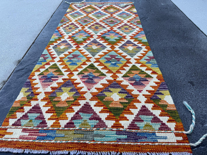 2x5 Handmade Afghan Kilim Runner Rug | Burnt Orange Rust Red Cream White Mustard Yellow Olive Green Teal Aqua Blue Purple Maroon Grey | Wool