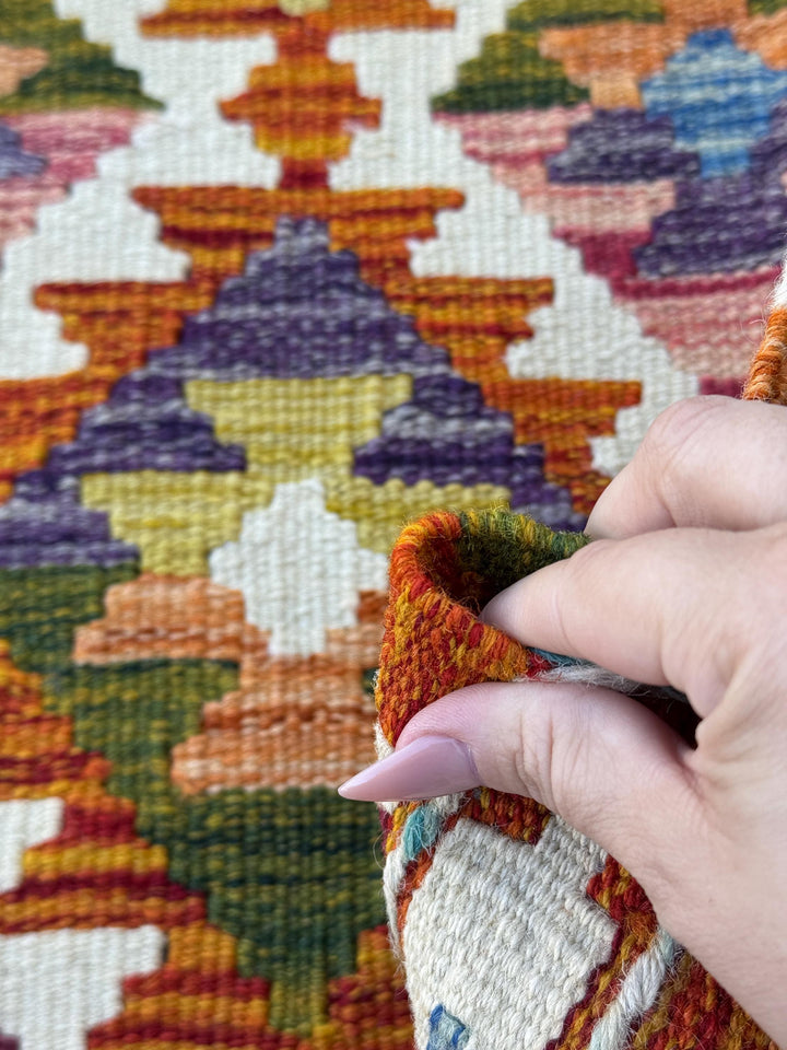 2x5 Handmade Afghan Kilim Runner Rug | Burnt Orange Rust Red Cream White Mustard Yellow Olive Green Teal Aqua Blue Purple Maroon Grey | Wool