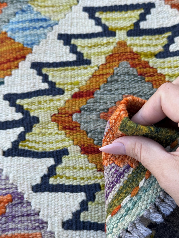 2x5 Handmade Afghan Kilim Runner Rug | Burnt Orange Cream White Mustard Yellow Olive Green Teal Aqua Blue Navy Purple Grey Rust Red | Wool
