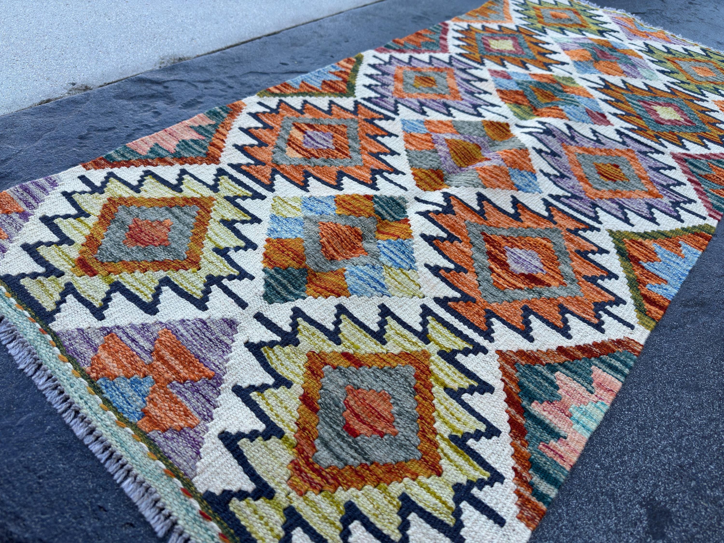 2x5 Handmade Afghan Kilim Runner Rug | Burnt Orange Cream White Mustard Yellow Olive Green Teal Aqua Blue Navy Purple Grey Rust Red | Wool