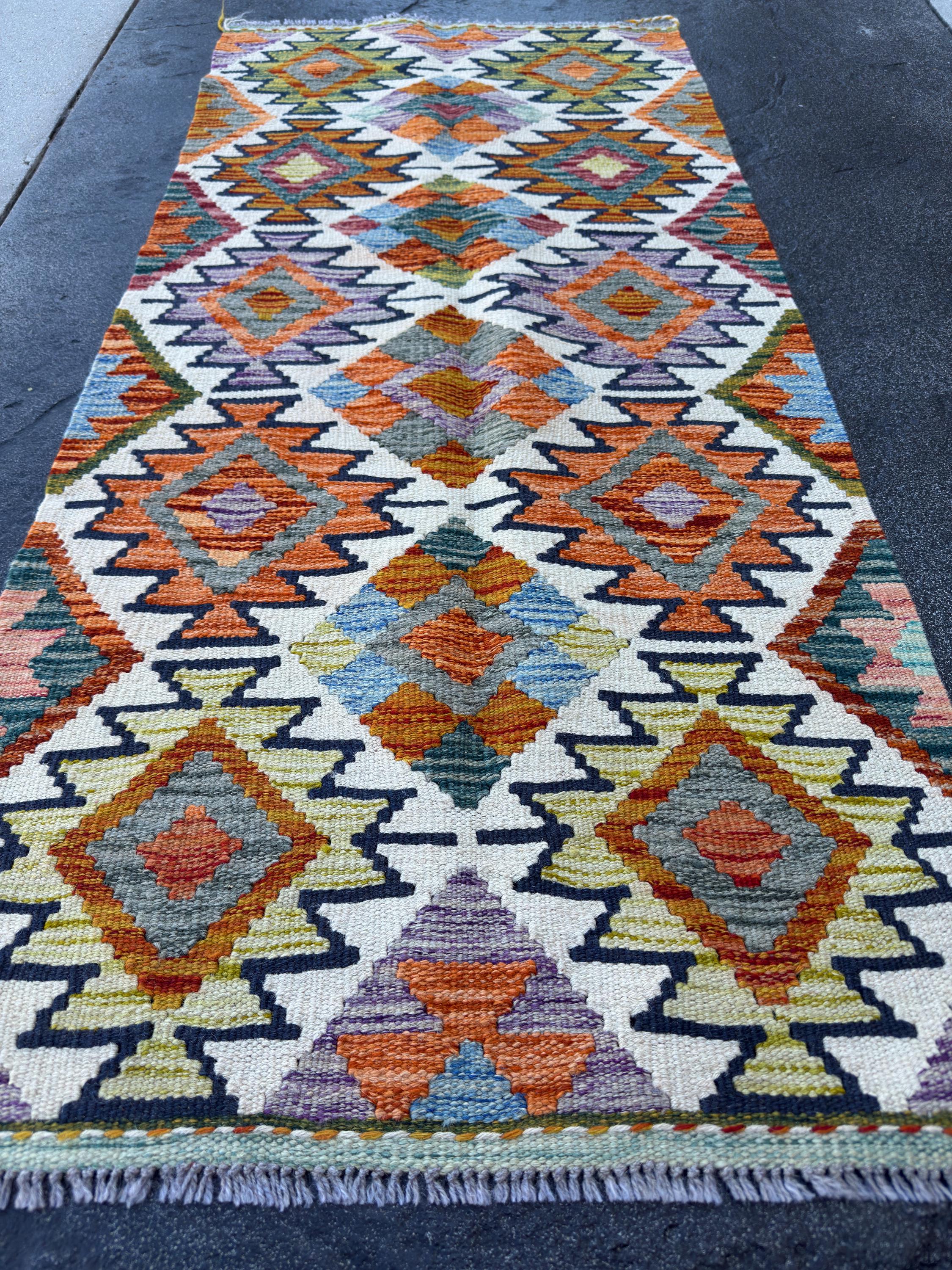 2x5 Handmade Afghan Kilim Runner Rug | Burnt Orange Cream White Mustard Yellow Olive Green Teal Aqua Blue Navy Purple Grey Rust Red | Wool
