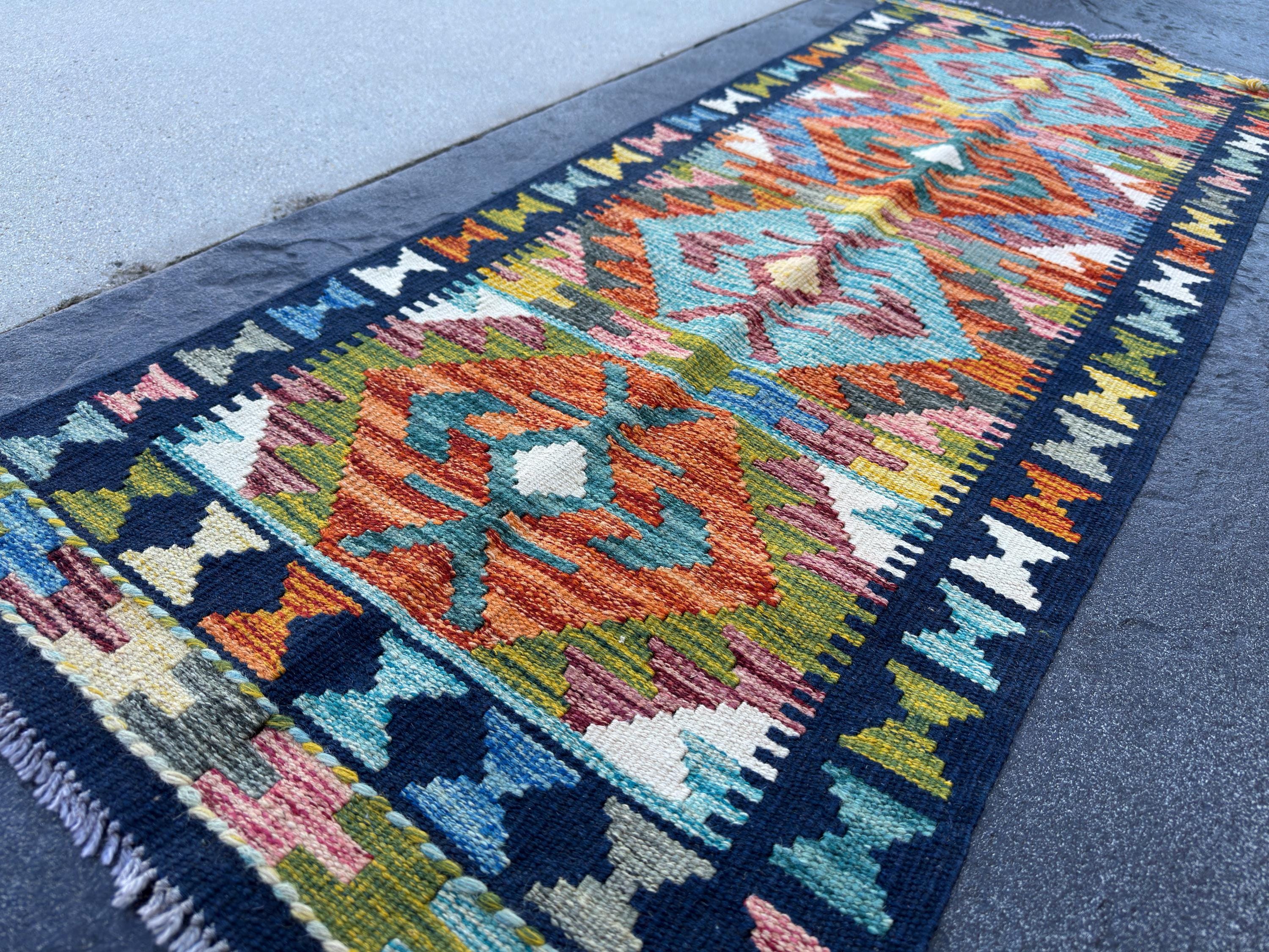 2x5 Handmade Afghan Kilim Runner Rug | Navy Burnt Orange Rust Red Cream White Mustard Yellow Olive Green Teal Aqua Blue Purple Grey | Wool