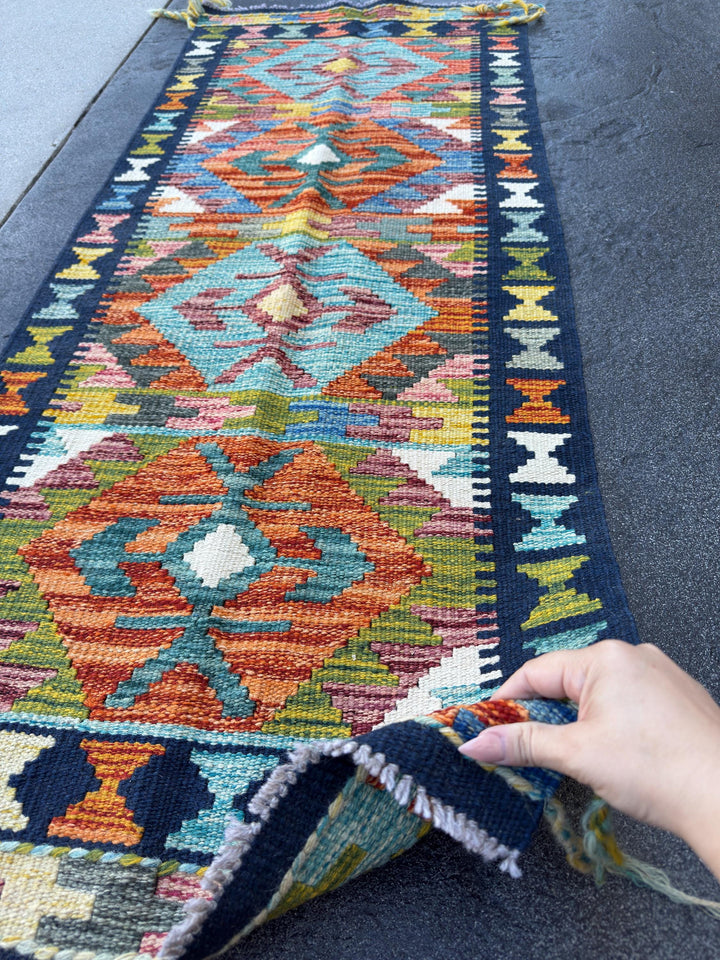 2x5 Handmade Afghan Kilim Runner Rug | Navy Burnt Orange Rust Red Cream White Mustard Yellow Olive Green Teal Aqua Blue Purple Grey | Wool