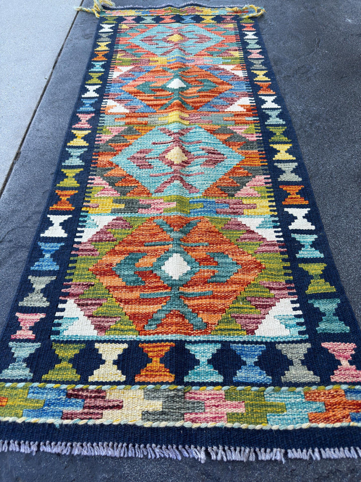 2x5 Handmade Afghan Kilim Runner Rug | Navy Burnt Orange Rust Red Cream White Mustard Yellow Olive Green Teal Aqua Blue Purple Grey | Wool