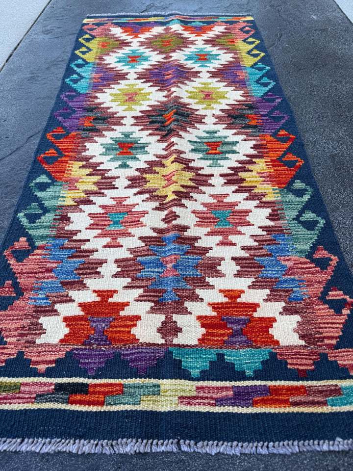 2x5 Handmade Afghan Kilim Runner Rug | Navy Maroon Rust Red Burnt Orange Cream White Mustard Yellow Olive Green Teal Aqua Blue Purple Grey