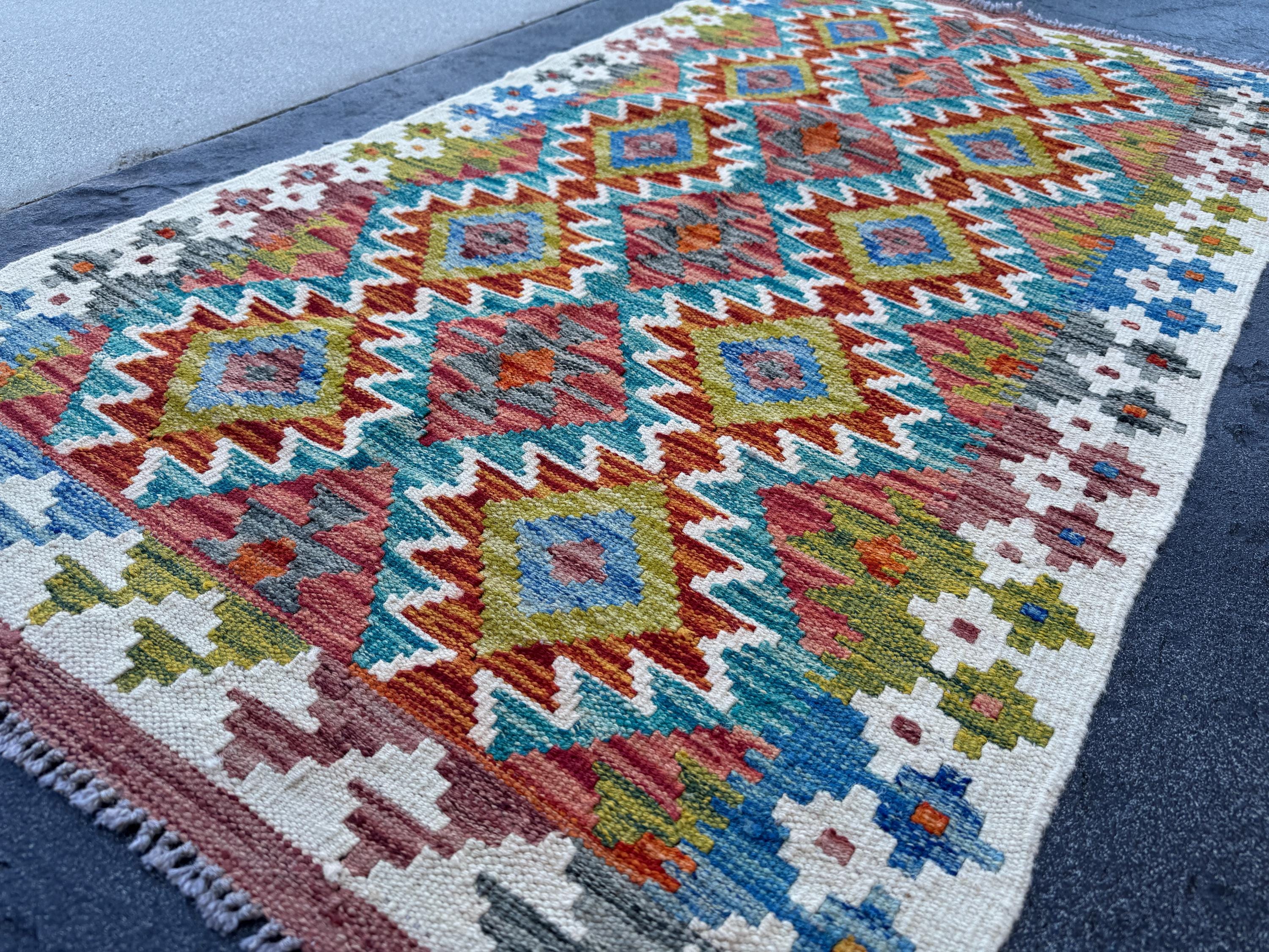 3x5 (91x152) Handmade Afghan Kilim Rug | Teal Burnt Orange Rust Red Cream White Mustard Yellow Olive Green Aqua Blue Navy Purple Grey | Wool