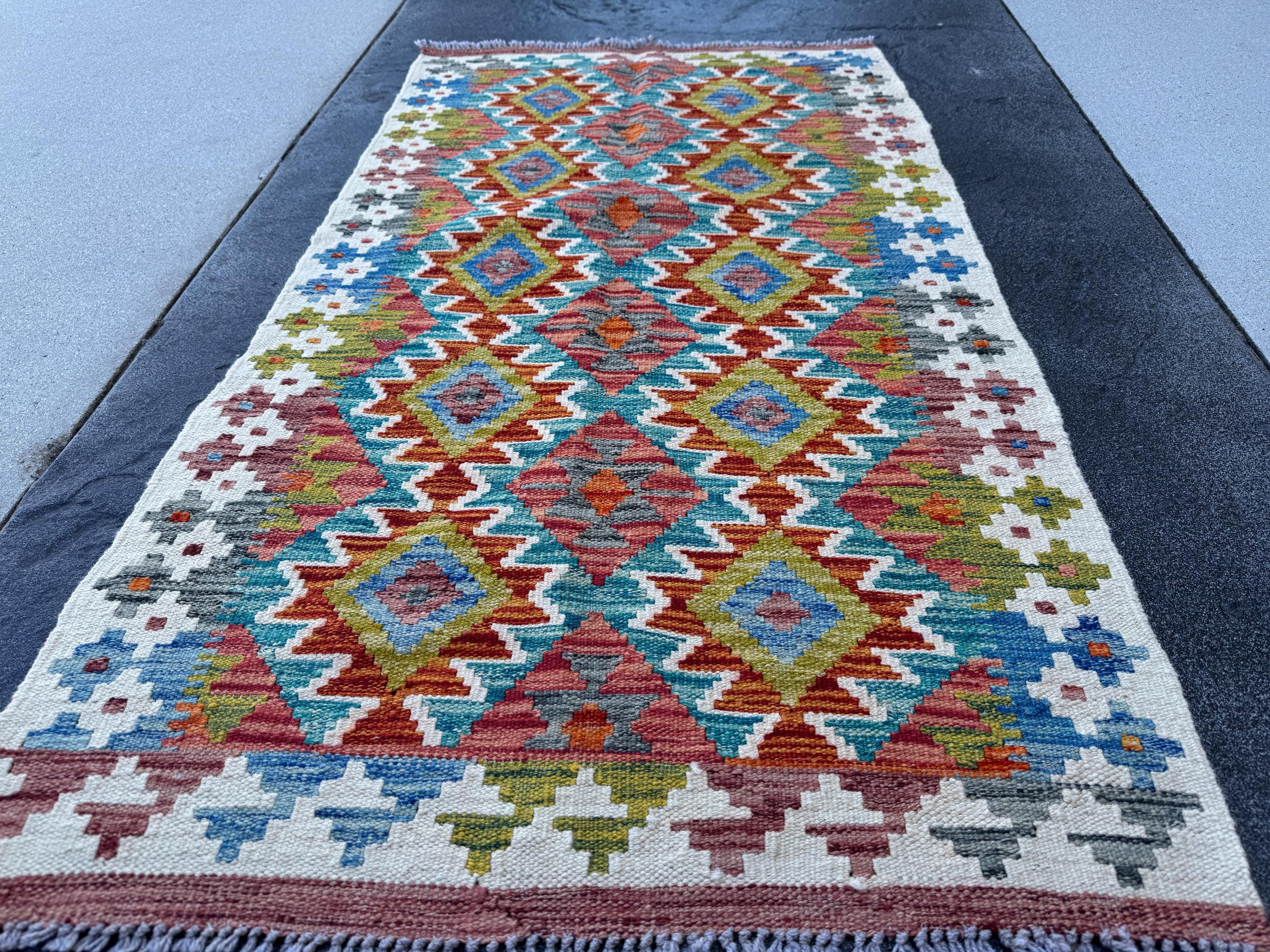 3x5 (91x152) Handmade Afghan Kilim Rug | Teal Burnt Orange Rust Red Cream White Mustard Yellow Olive Green Aqua Blue Navy Purple Grey | Wool