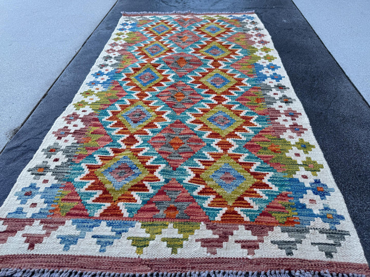 3x5 (91x152) Handmade Afghan Kilim Rug | Teal Burnt Orange Rust Red Cream White Mustard Yellow Olive Green Aqua Blue Navy Purple Grey | Wool