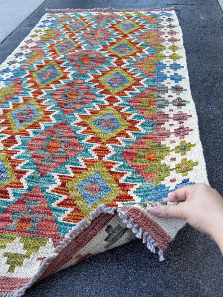 3x5 (91x152) Handmade Afghan Kilim Rug | Teal Burnt Orange Rust Red Cream White Mustard Yellow Olive Green Aqua Blue Navy Purple Grey | Wool