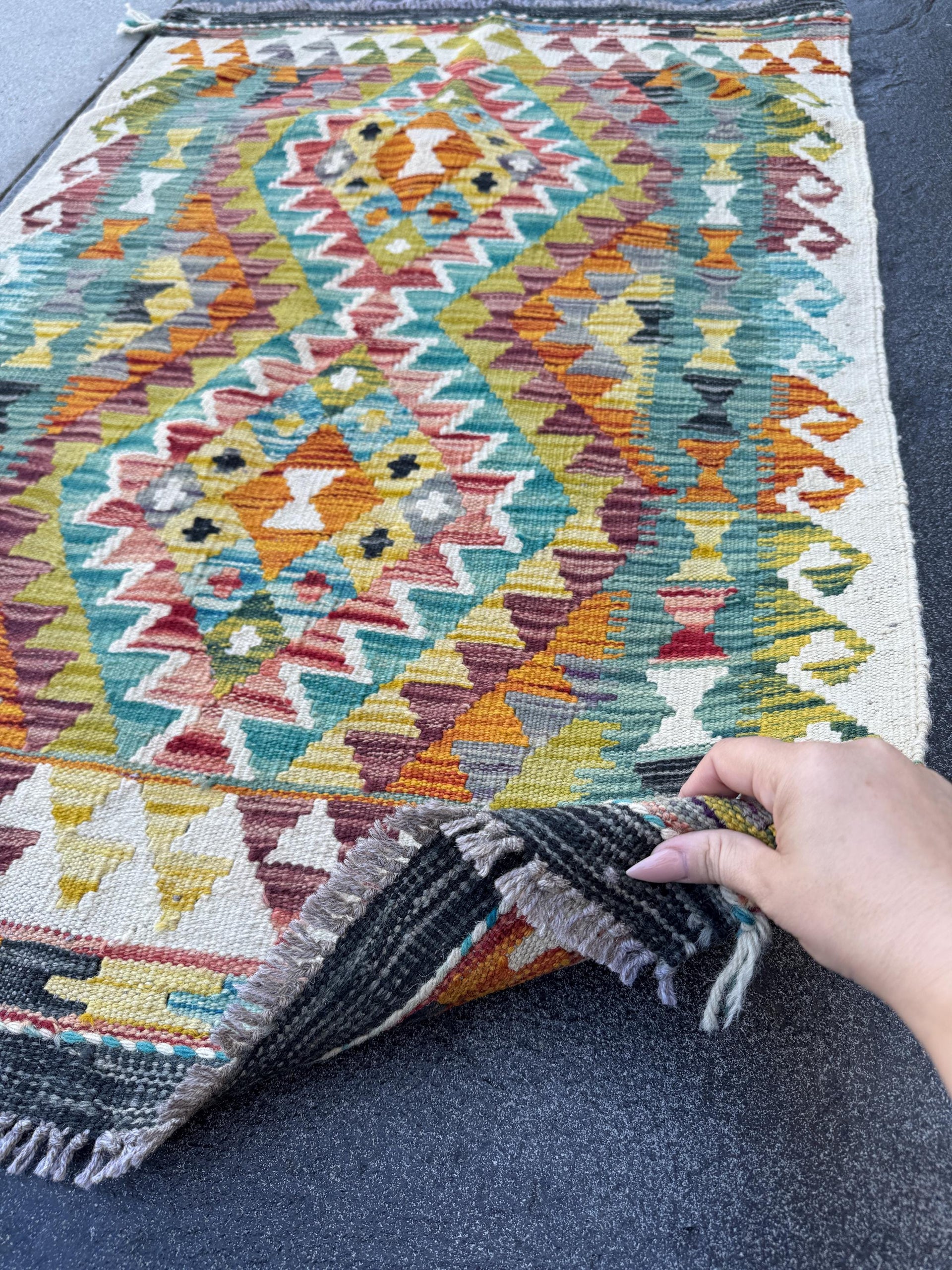 3x4 Handmade Afghan Kilim Rug | Teal Burnt Orange Mustard Yellow Cream White Olive Green Rust Red Aqua Blue Maroon Purple Grey | Flatwoven