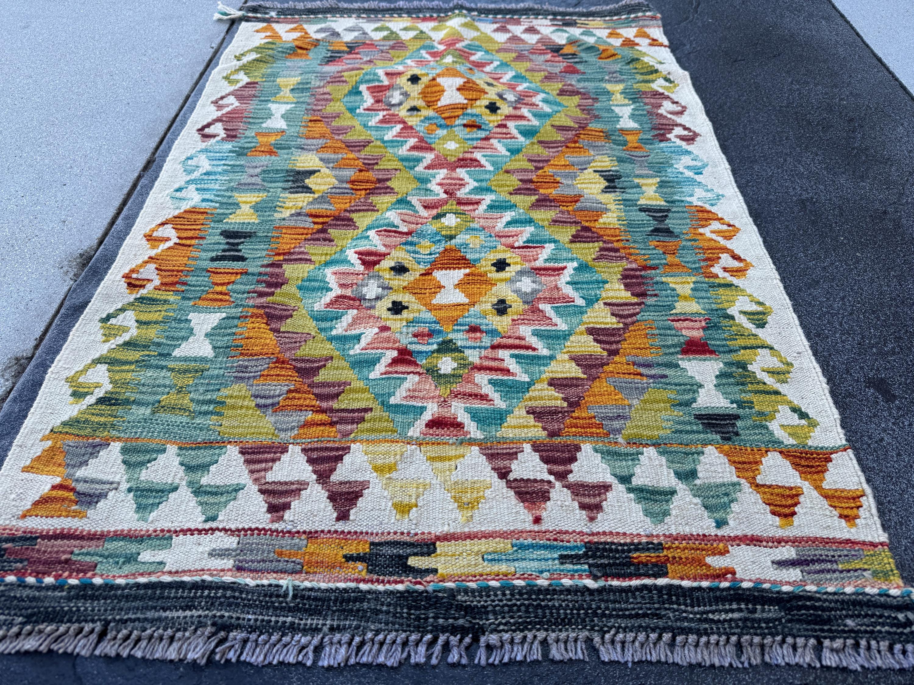 3x4 Handmade Afghan Kilim Rug | Teal Burnt Orange Mustard Yellow Cream White Olive Green Rust Red Aqua Blue Maroon Purple Grey | Flatwoven