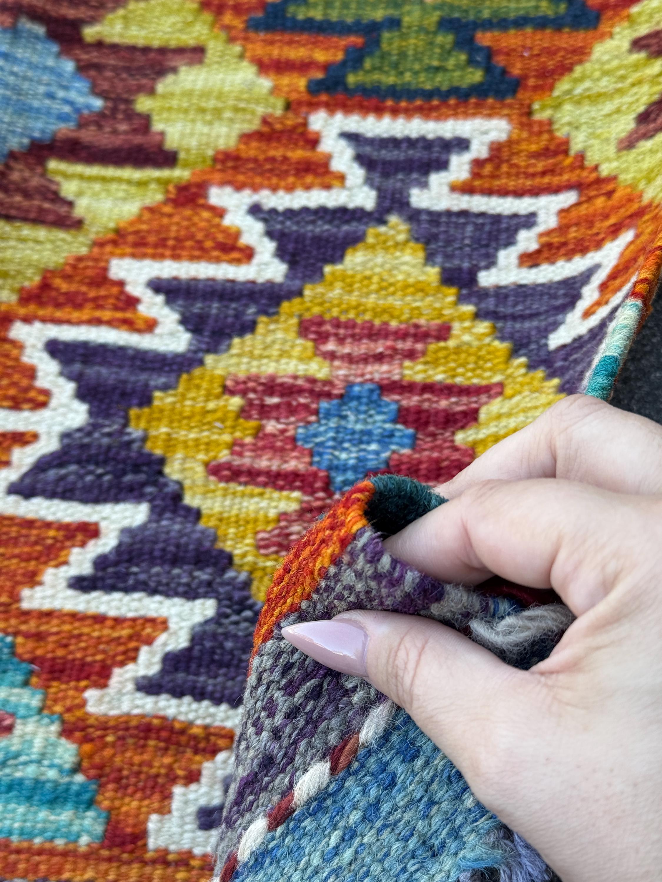 2x5 Handmade Afghan Kilim Runner Rug | Burnt Orange Mustard Yellow Olive Green Teal Aqua Blue Cream White Navy Purple Rust Red | Wool