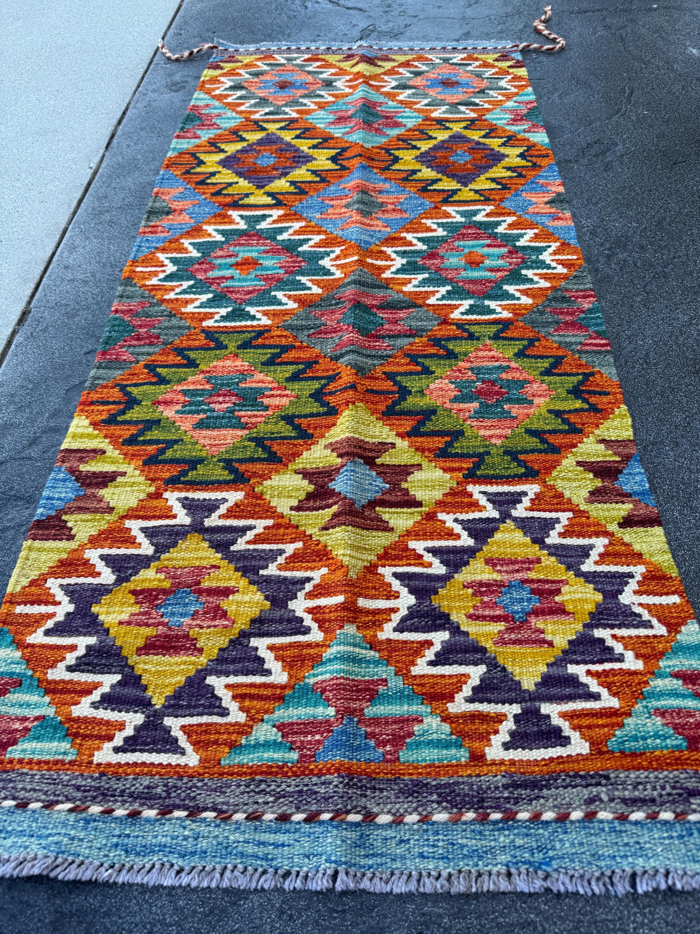 2x5 Handmade Afghan Kilim Runner Rug | Burnt Orange Mustard Yellow Olive Green Teal Aqua Blue Cream White Navy Purple Rust Red | Wool