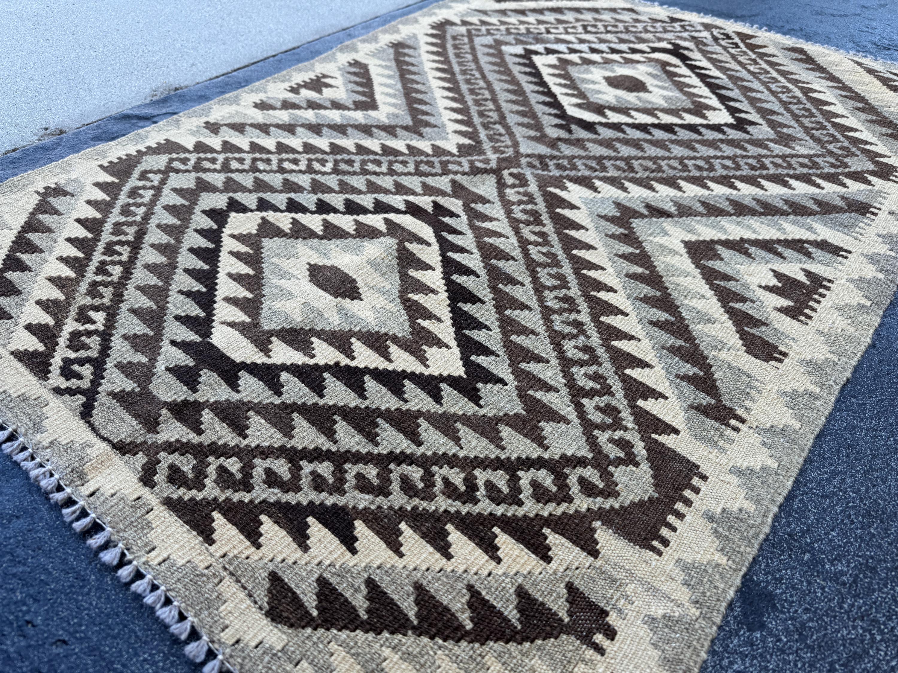 3x4 Handmade Afghan Kilim Rug | Brown Beige Cream Taupe Black Grey | Wool Flatwoven