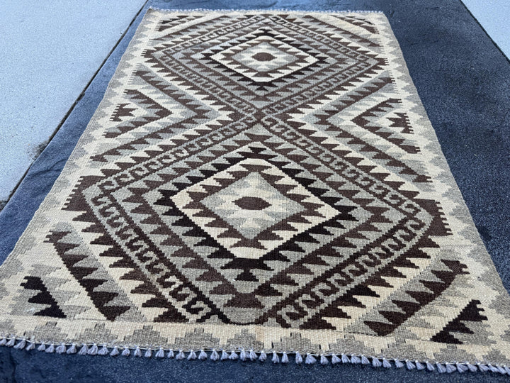 3x4 Handmade Afghan Kilim Rug | Brown Beige Cream Taupe Black Grey | Wool Flatwoven