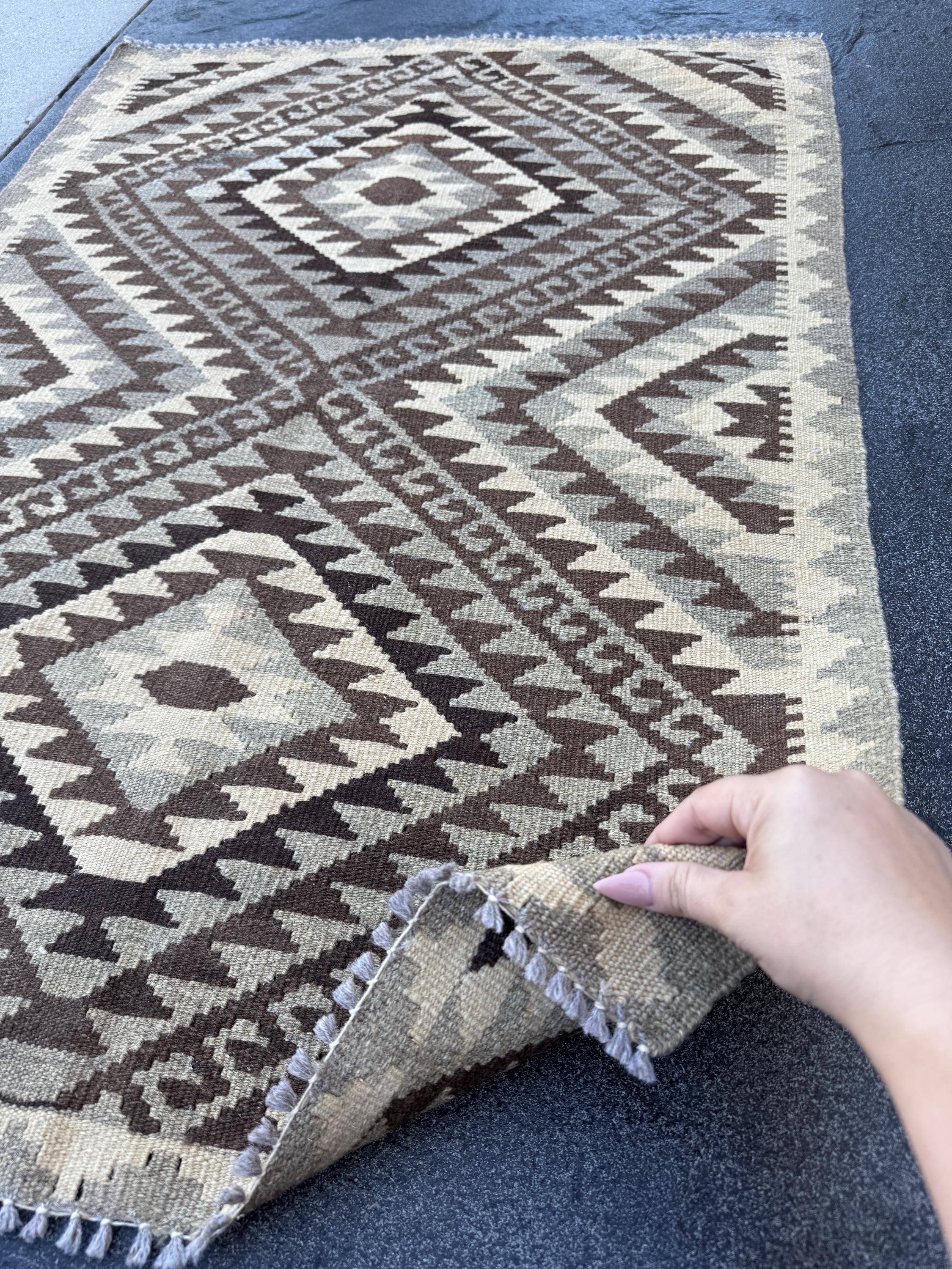 3x4 Handmade Afghan Kilim Rug | Brown Beige Cream Taupe Black Grey | Wool Flatwoven