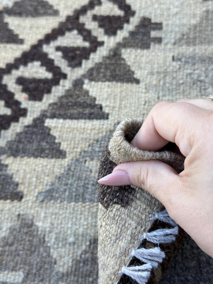 3x4 Handmade Afghan Kilim Rug | Brown Beige Cream Taupe Ivory Charcoal | Wool Flatwoven