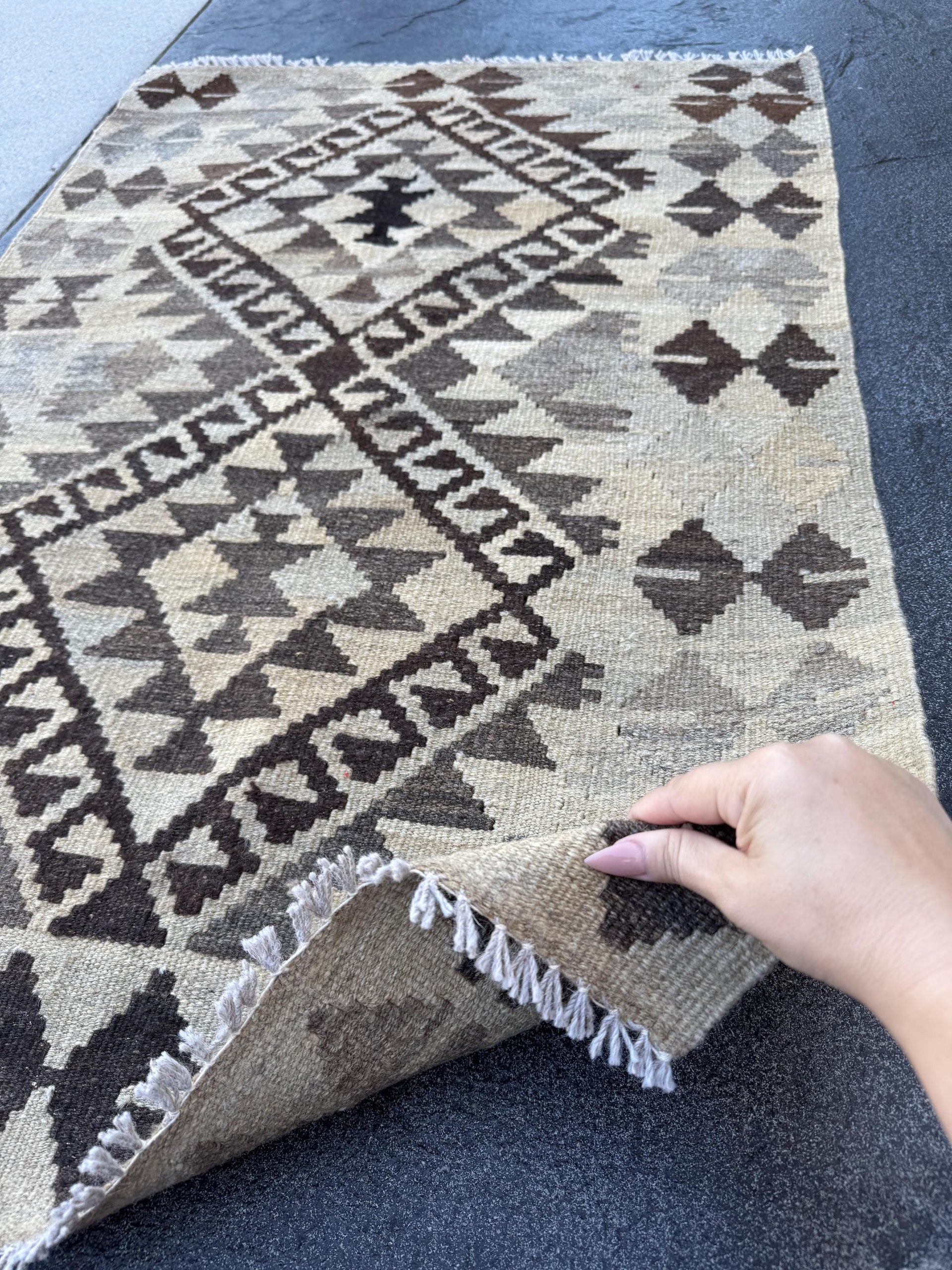 3x4 Handmade Afghan Kilim Rug | Brown Beige Cream Taupe Ivory Charcoal | Wool Flatwoven
