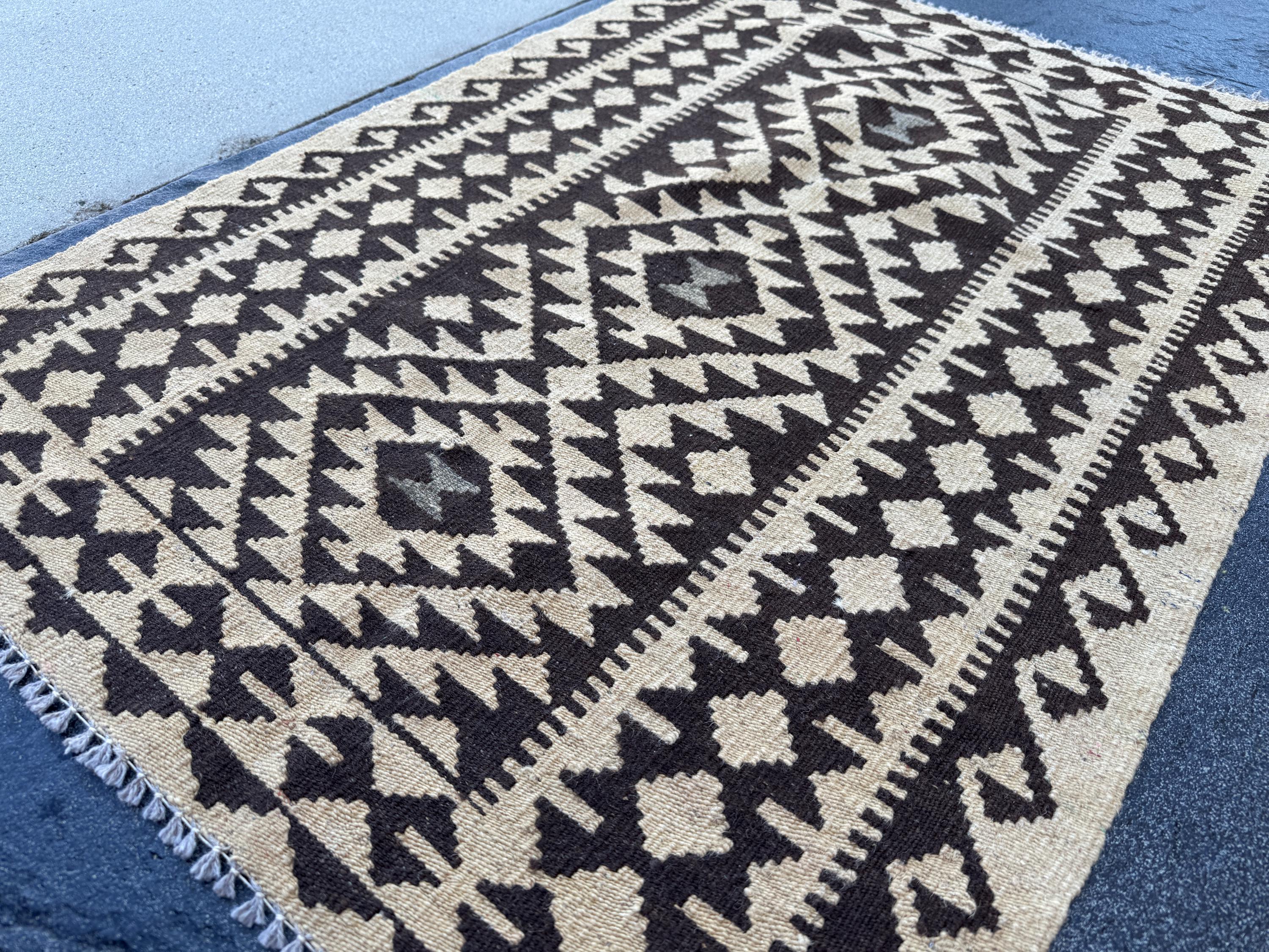 3x4 Handmade Afghan Kilim Rug | Dark Brown Cream Beige Taupe Black | Wool Flatwoven