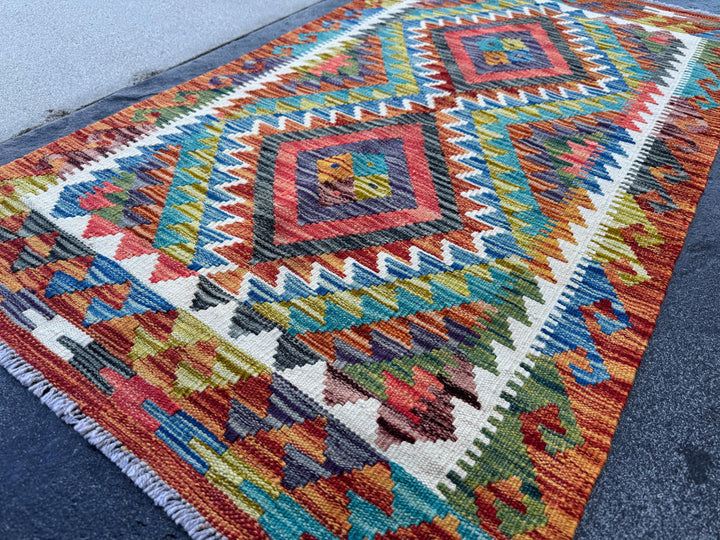 3x5 (91x152) Handmade Afghan Kilim Rug | Rust Red Burnt Orange Cream White Mustard Yellow Olive Green Teal Aqua Blue Navy Purple Grey | Wool