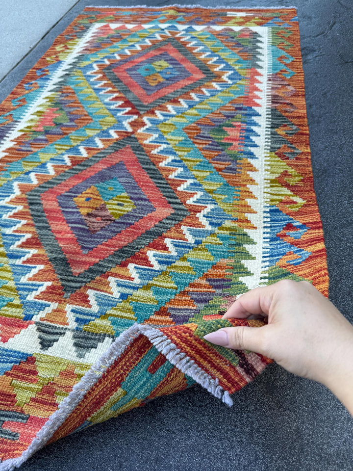 3x5 (91x152) Handmade Afghan Kilim Rug | Rust Red Burnt Orange Cream White Mustard Yellow Olive Green Teal Aqua Blue Navy Purple Grey | Wool