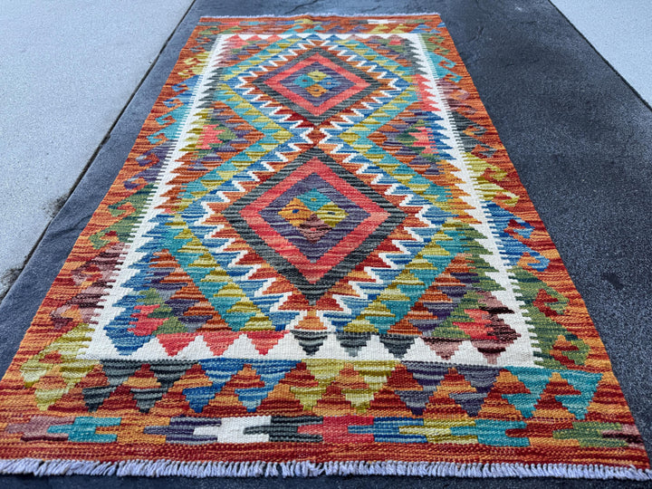 3x5 (91x152) Handmade Afghan Kilim Rug | Rust Red Burnt Orange Cream White Mustard Yellow Olive Green Teal Aqua Blue Navy Purple Grey | Wool