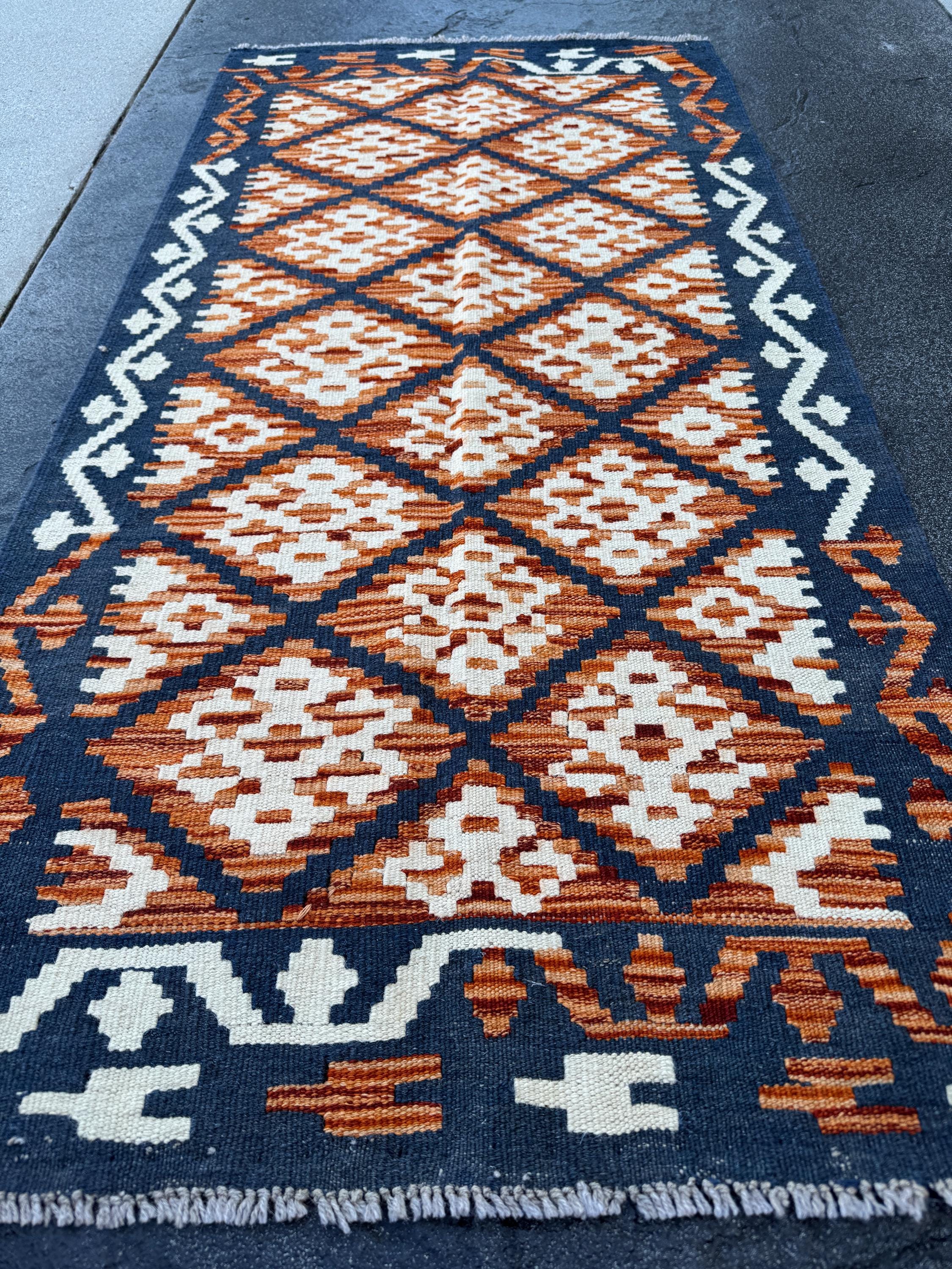 3x5 (91x152) Handmade Afghan Kilim Rug | Navy Burnt Orange Cream White Rust Red Mustard Yellow Olive Green | Wool Flatwoven
