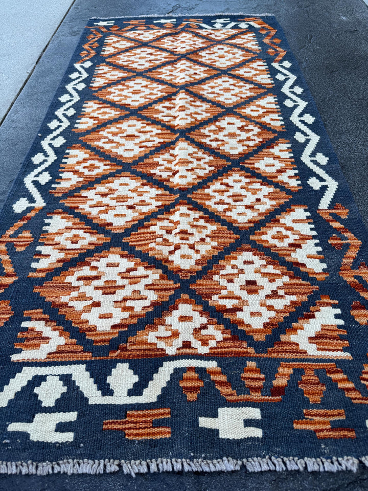 3x5 (91x152) Handmade Afghan Kilim Rug | Navy Burnt Orange Cream White Rust Red Mustard Yellow Olive Green | Wool Flatwoven