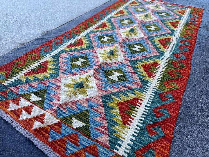 2x5 Handmade Afghan Kilim Runner Rug | Rust Red Aqua Denim Blue Olive Forest Pine Moss Green Cream White Maroon | Wool Flatwoven