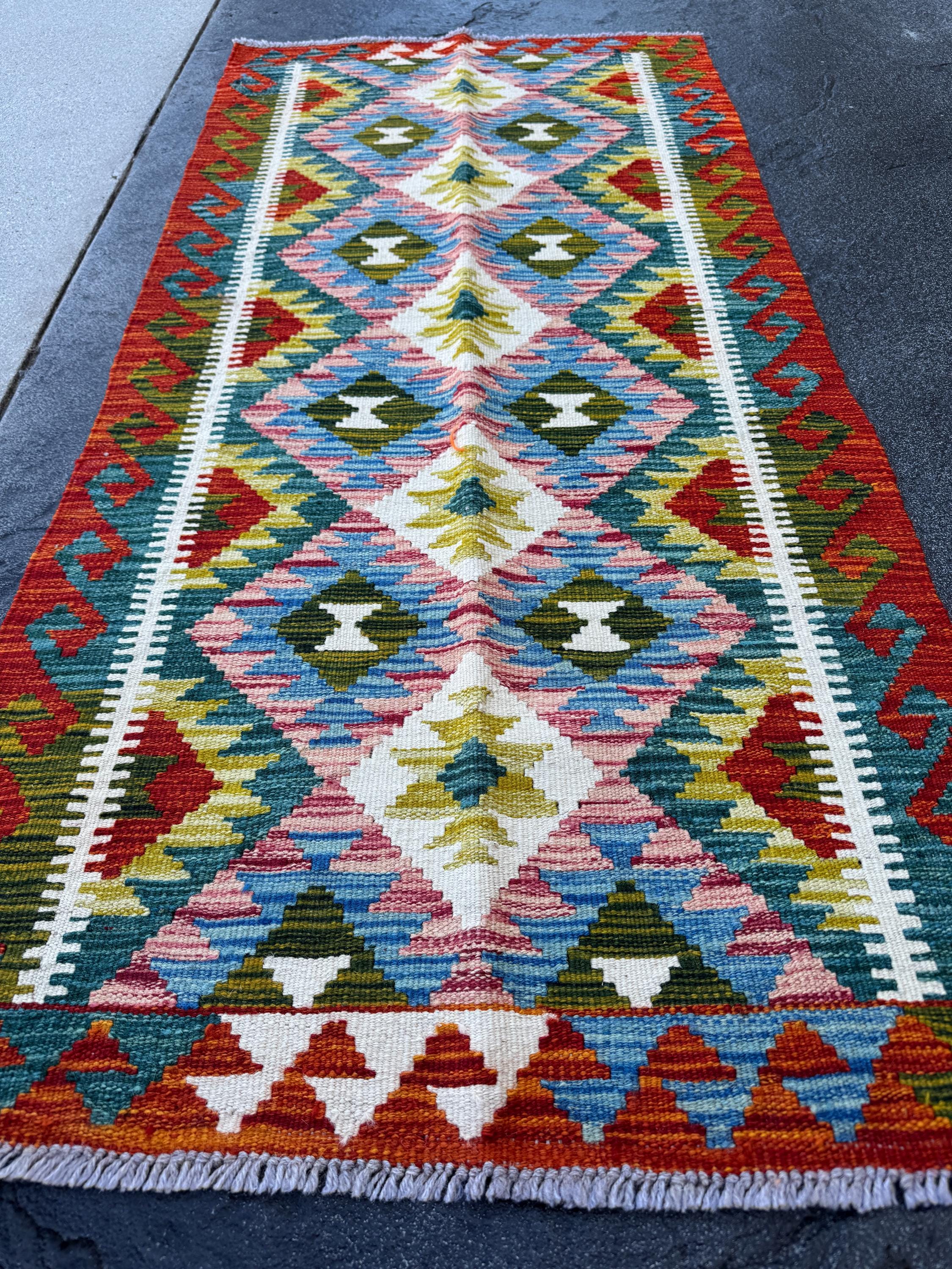 2x5 Handmade Afghan Kilim Runner Rug | Rust Red Aqua Denim Blue Olive Forest Pine Moss Green Cream White Maroon | Wool Flatwoven