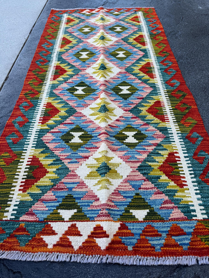 2x5 Handmade Afghan Kilim Runner Rug | Rust Red Aqua Denim Blue Olive Forest Pine Moss Green Cream White Maroon | Wool Flatwoven