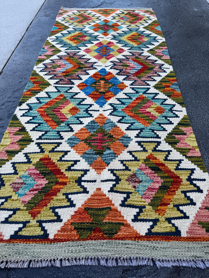 2x5 Handmade Afghan Kilim Runner Rug | Cream White Maroon Purple Denim Aqua Blue Teal Burnt Orange Moss Olive Lime Green Mustard | Flatwoven