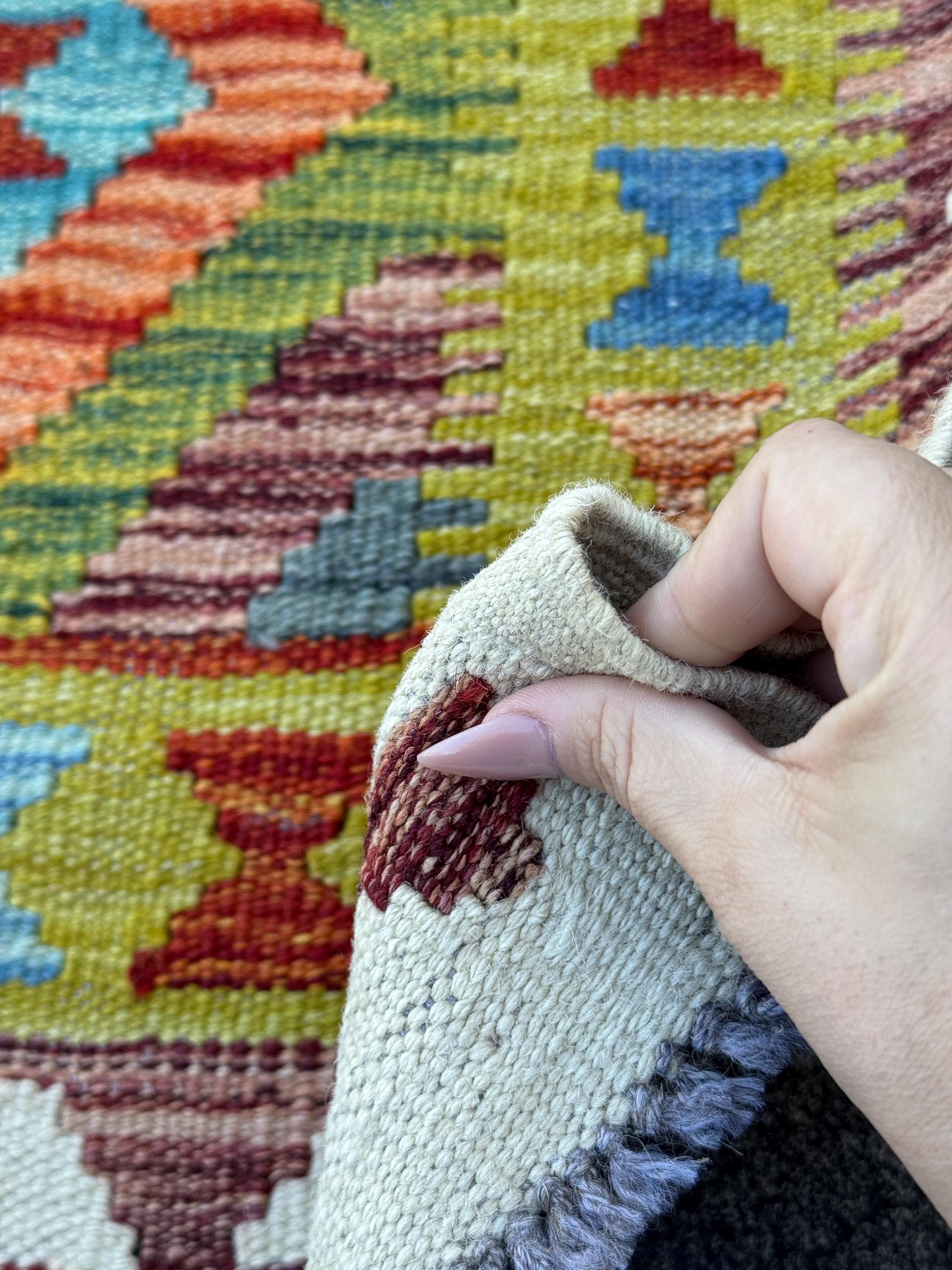 3x5 (91x152) Handmade Afghan Kilim Rug | Olive Green Teal Cream White Maroon Purple Aqua Denim Blue Rust Red Burnt Orange | Wool Flatwoven