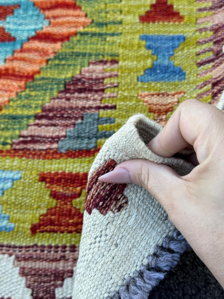 3x5 (91x152) Handmade Afghan Kilim Rug | Olive Green Teal Cream White Maroon Purple Aqua Denim Blue Rust Red Burnt Orange | Wool Flatwoven