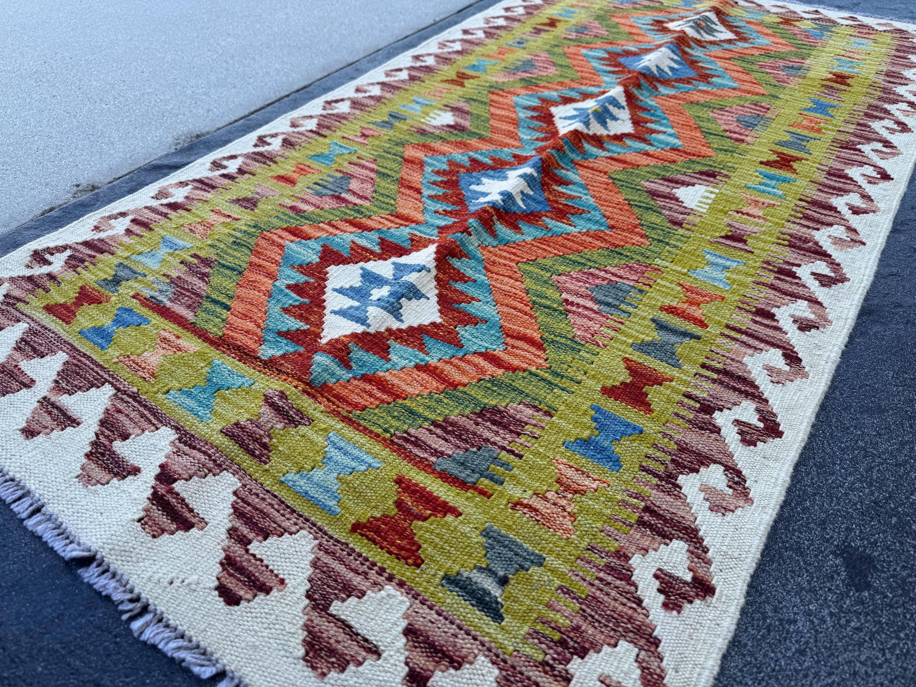 3x5 (91x152) Handmade Afghan Kilim Rug | Olive Green Teal Cream White Maroon Purple Aqua Denim Blue Rust Red Burnt Orange | Wool Flatwoven
