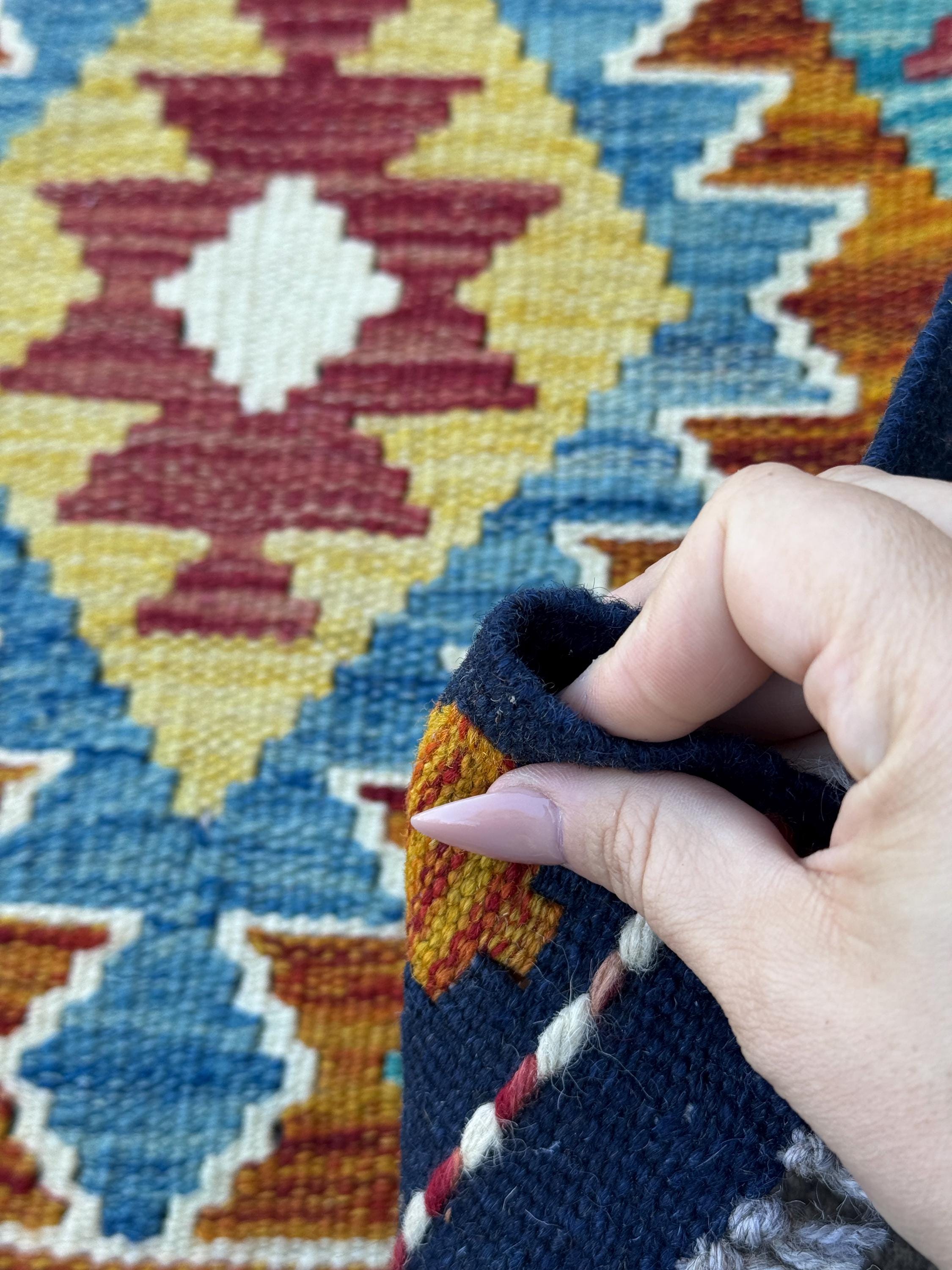 3x5 Handmade Afghan Kilim Rug | Denim Midnight Blue Aqua Olive Moss Green Mustard Yellow Cream White Blood Red Burnt Rust Orange Charcoal