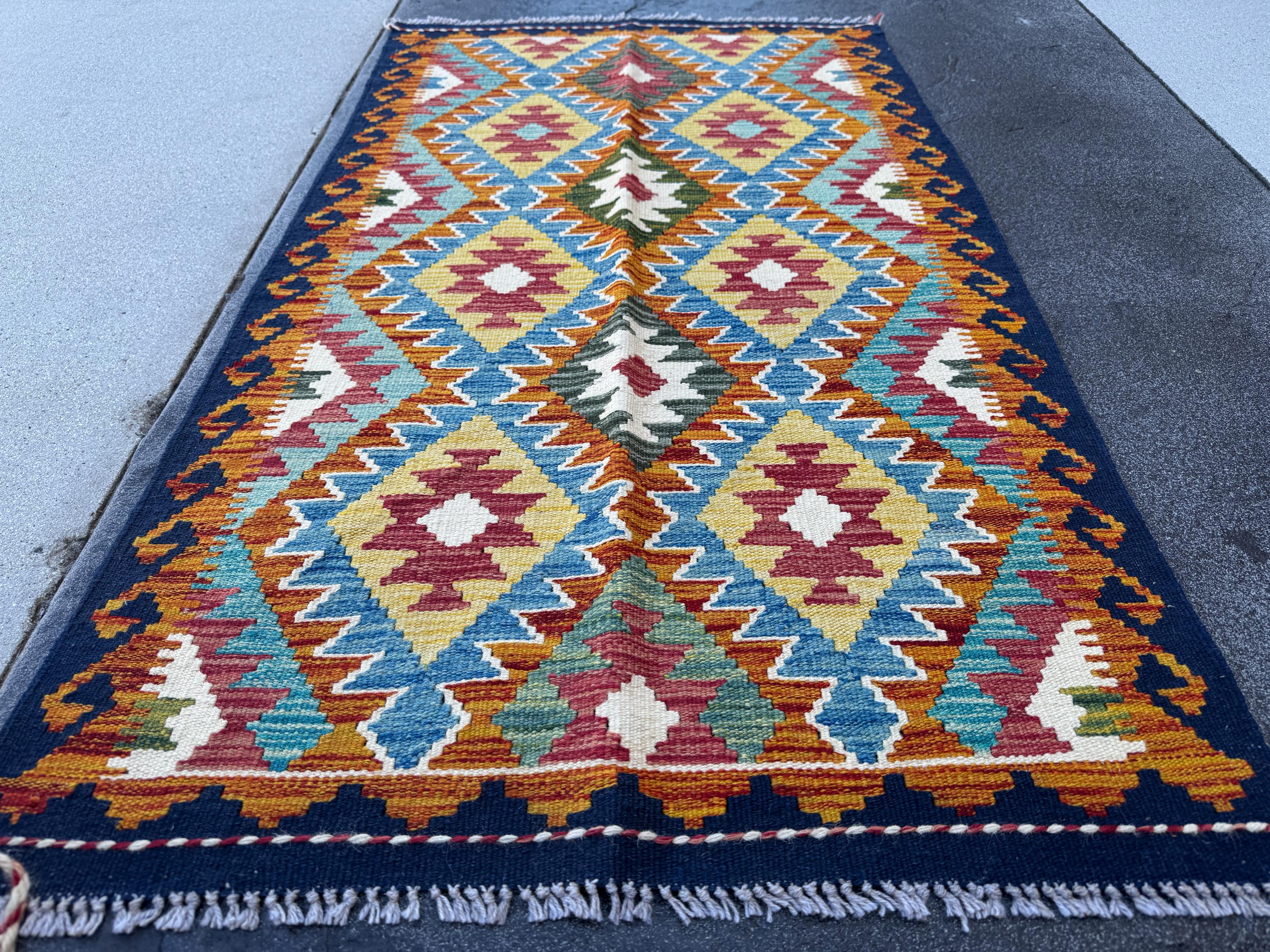 3x5 Handmade Afghan Kilim Rug | Denim Midnight Blue Aqua Olive Moss Green Mustard Yellow Cream White Blood Red Burnt Rust Orange Charcoal