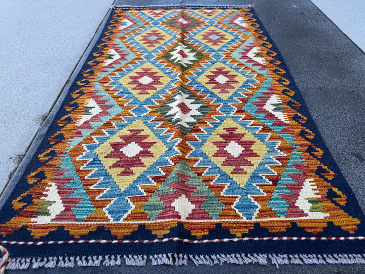 3x5 Handmade Afghan Kilim Rug | Denim Midnight Blue Aqua Olive Moss Green Mustard Yellow Cream White Blood Red Burnt Rust Orange Charcoal