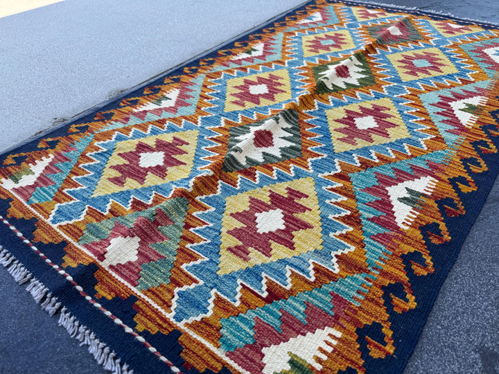 3x5 Handmade Afghan Kilim Rug | Denim Midnight Blue Aqua Olive Moss Green Mustard Yellow Cream White Blood Red Burnt Rust Orange Charcoal
