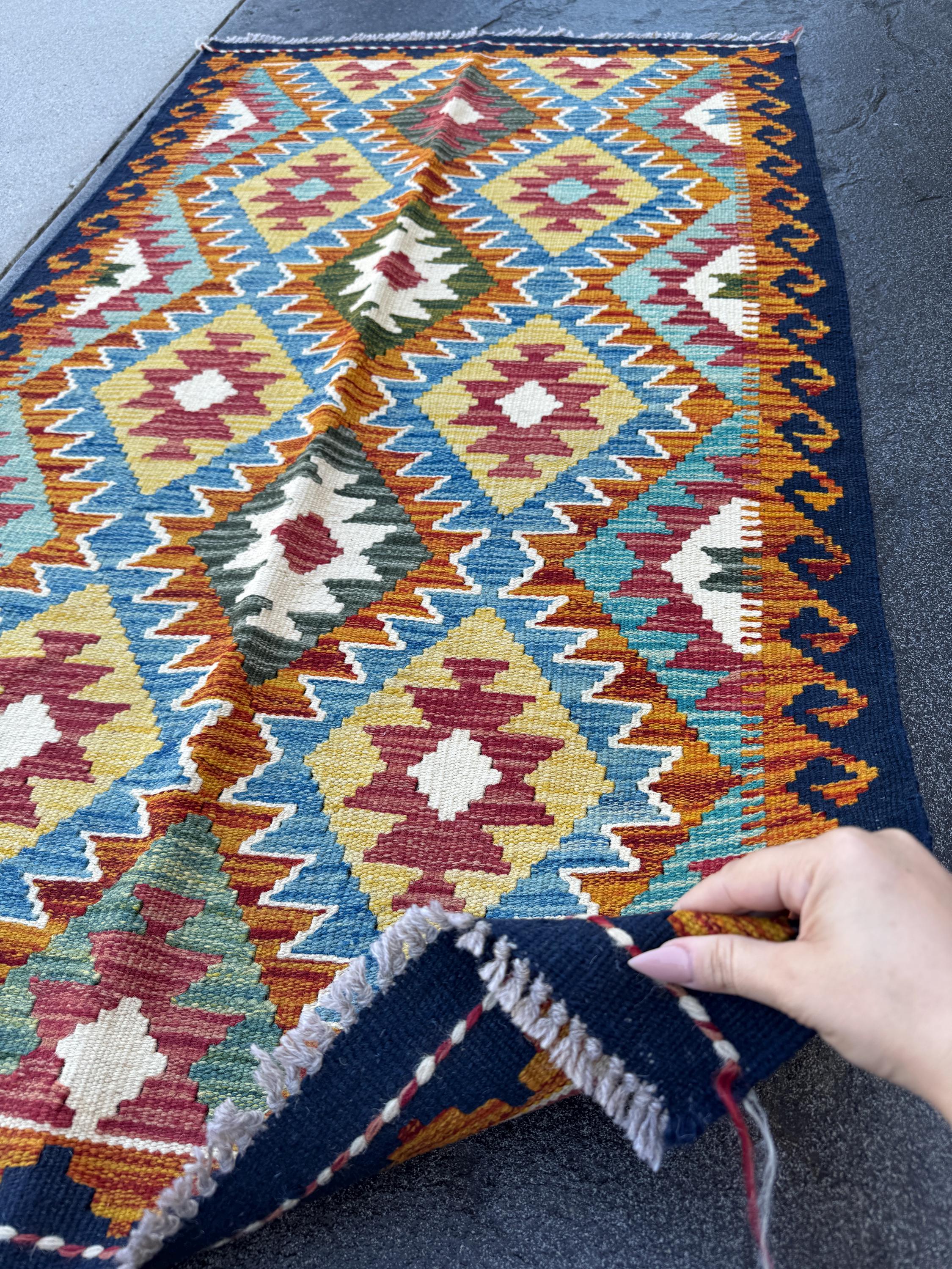 3x5 Handmade Afghan Kilim Rug | Denim Midnight Blue Aqua Olive Moss Green Mustard Yellow Cream White Blood Red Burnt Rust Orange Charcoal