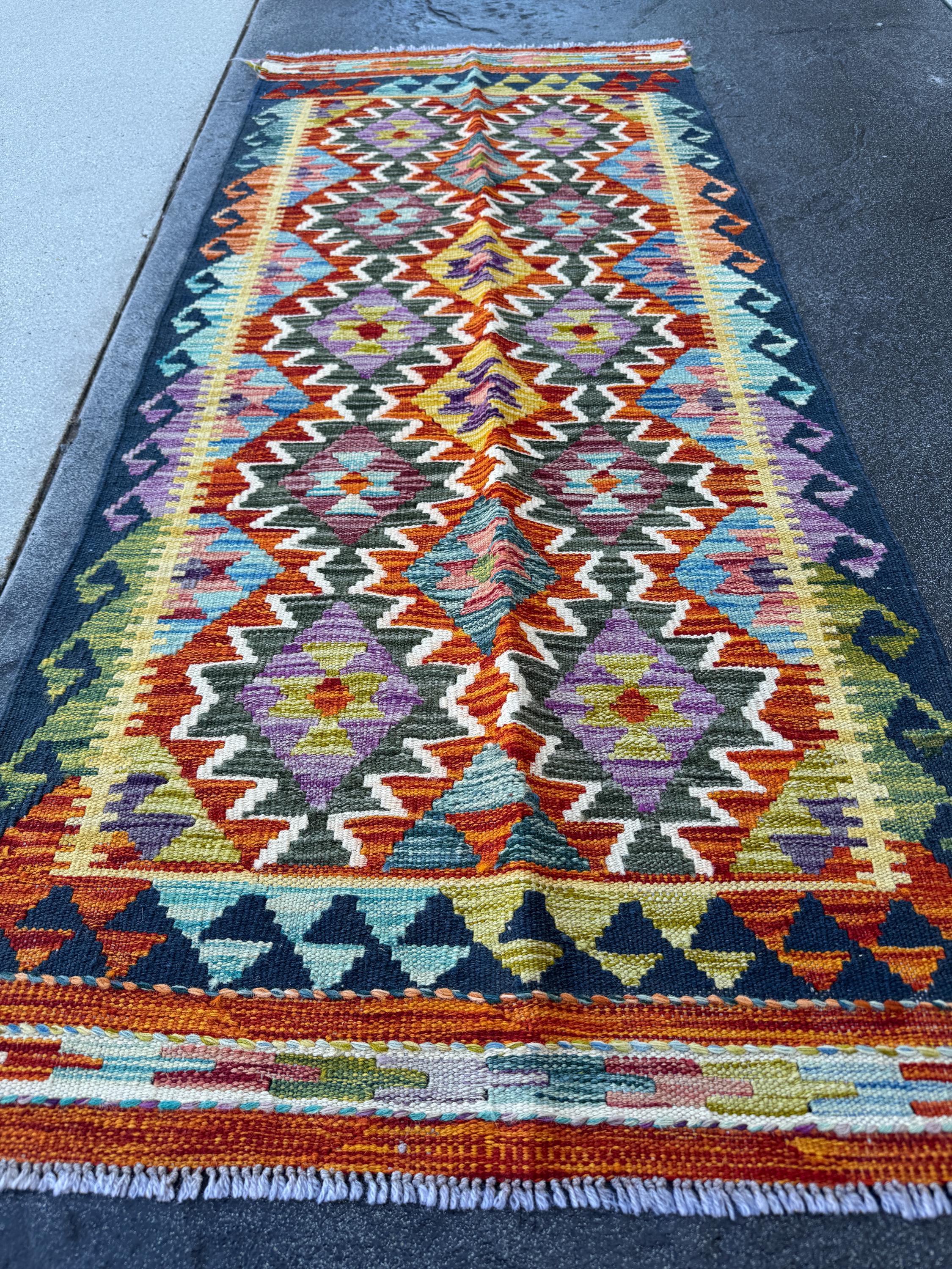 2x5 Handmade Afghan Kilim Runner Rug | Burnt Orange Olive Green Charcoal Grey Purple Aqua Midnight Blue Teal Cream White Mustard Yellow Gold