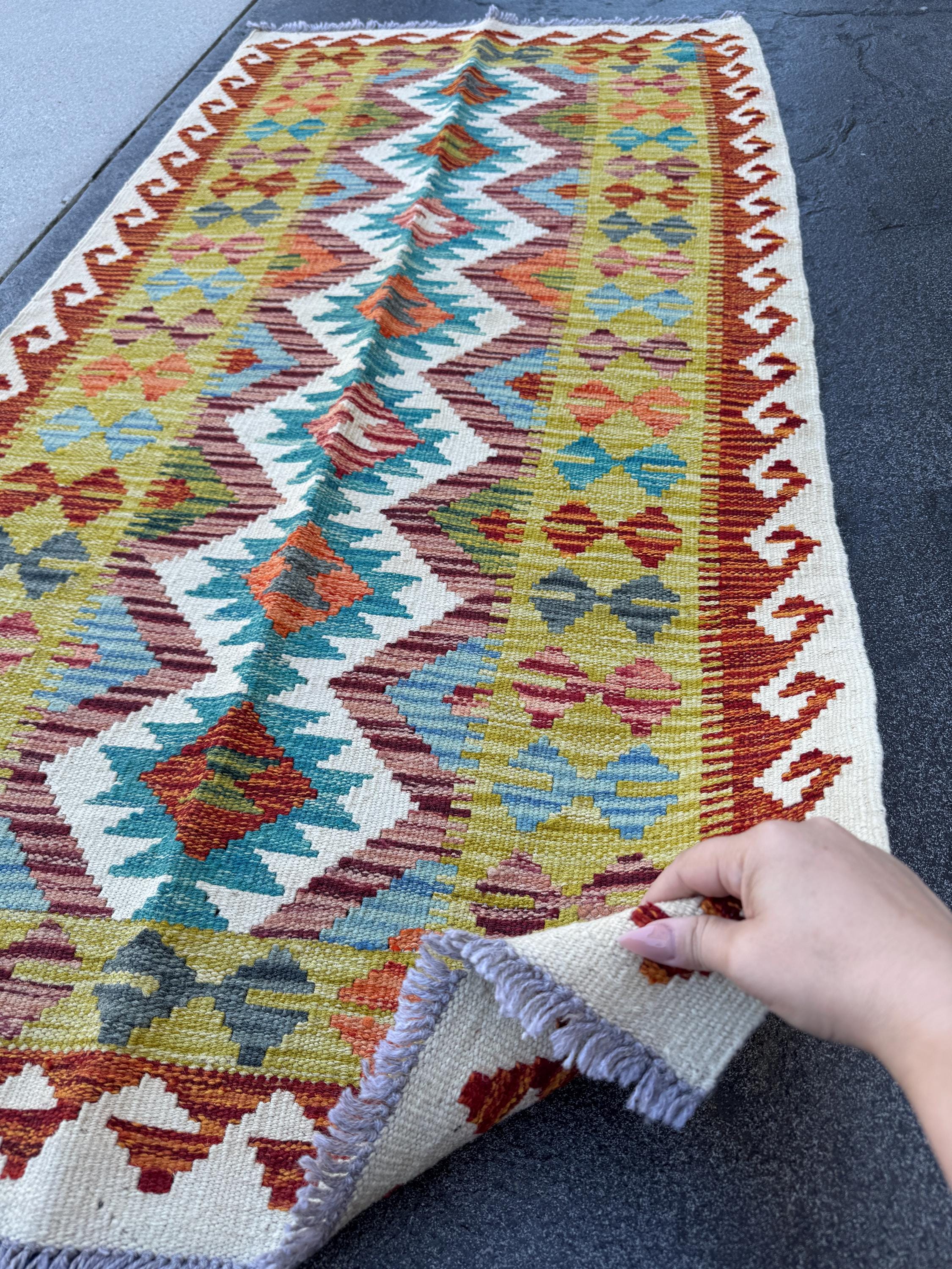 3x5 (91x152) Handmade Afghan Kilim Rug | Olive Green Cream White Olive Green Teal Burnt Orange Charcoal Maroon Charcoal Grey Denim | Wool