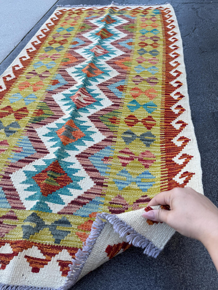 3x5 (91x152) Handmade Afghan Kilim Rug | Olive Green Cream White Olive Green Teal Burnt Orange Charcoal Maroon Charcoal Grey Denim | Wool