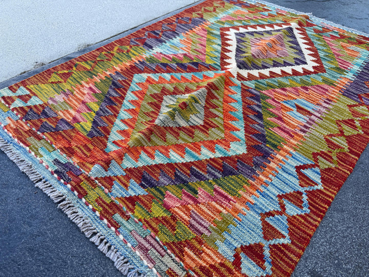 3x4 Handmade Afghan Kilim Rug | Burnt Orange Blood Red Olive Moss Green Teal Aqua Denim Eggplant Purple Cream White | Wool Flatwoven